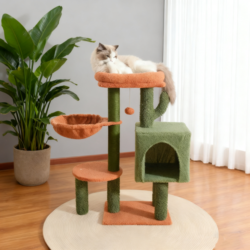 Cactus Cat Tree | Multi-Layer Platform + Enclosed Cave, A One-Stop Play & Rest Paradise for Cats