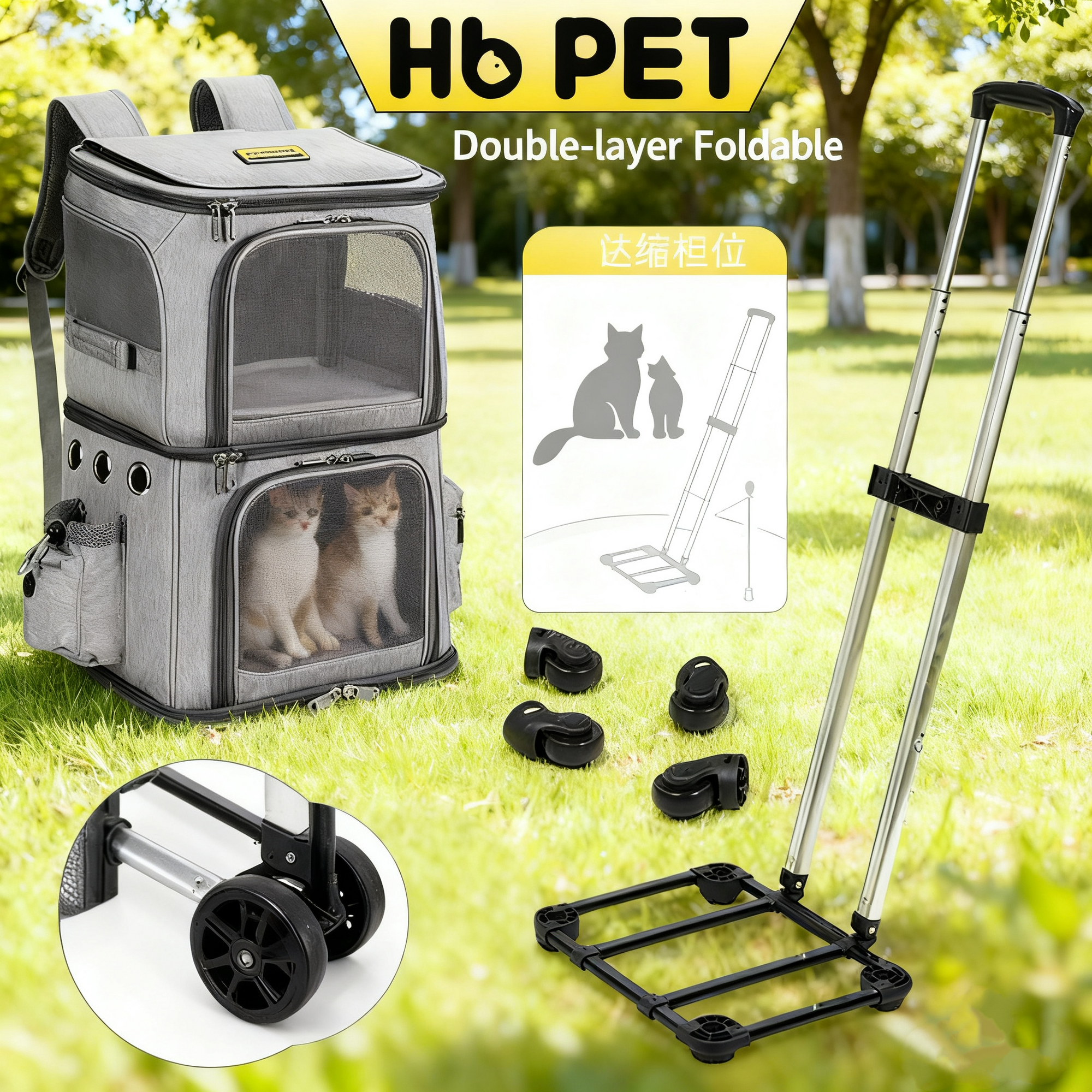 Dual-Layer Portable Pet Trolley Carrier | Foldable & Breathable Cat Bag, Travel with Two Pets Effortlessly